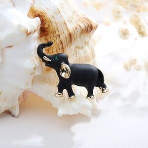 Small Dainty Black & Gold Elephant Brooch Trunk Up Good Luck Nature Gold Tone